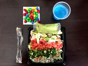 Prepared Cobb Salad al la Publix Supermarket, Gatorade, M&Ms.
